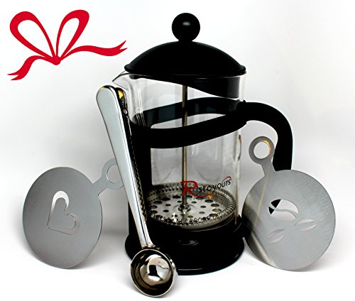 R’stoyours French Press, 6 Cups with Bonus Measuring Scoop, 2 Decorative Coffee Stencils, and Coffee Bag Clip